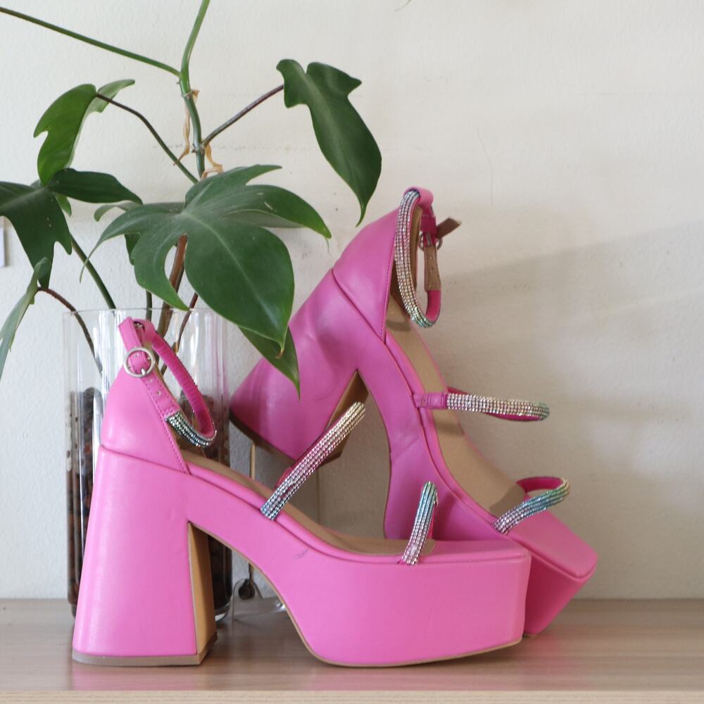 New Nasty Gal Pink Strappy Platform Heels with Rainbow Diamante Accent size 10